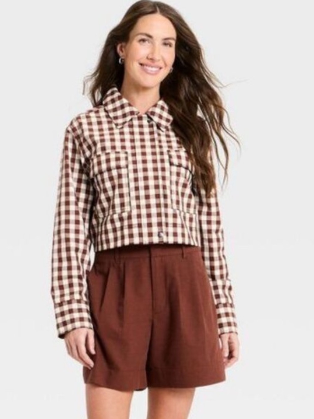 A New Day Transitional Brown & White Gingham Utility Cropped Jacket